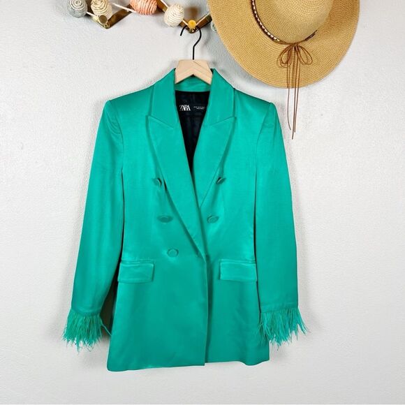 ZARA Green Satin Double-Breasted Feather Cuff Blazer Size X-Small - Picture 2 of 9